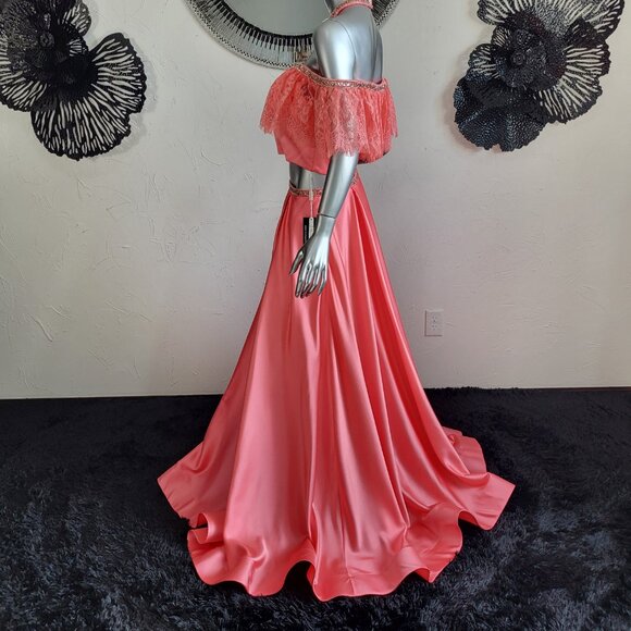 NWT~$495~2CUTE~6/8~CORAL 2 PIECE CROP TOP RHINESTONE BEADED MAXI PROM DRESS - Picture 11 of 16